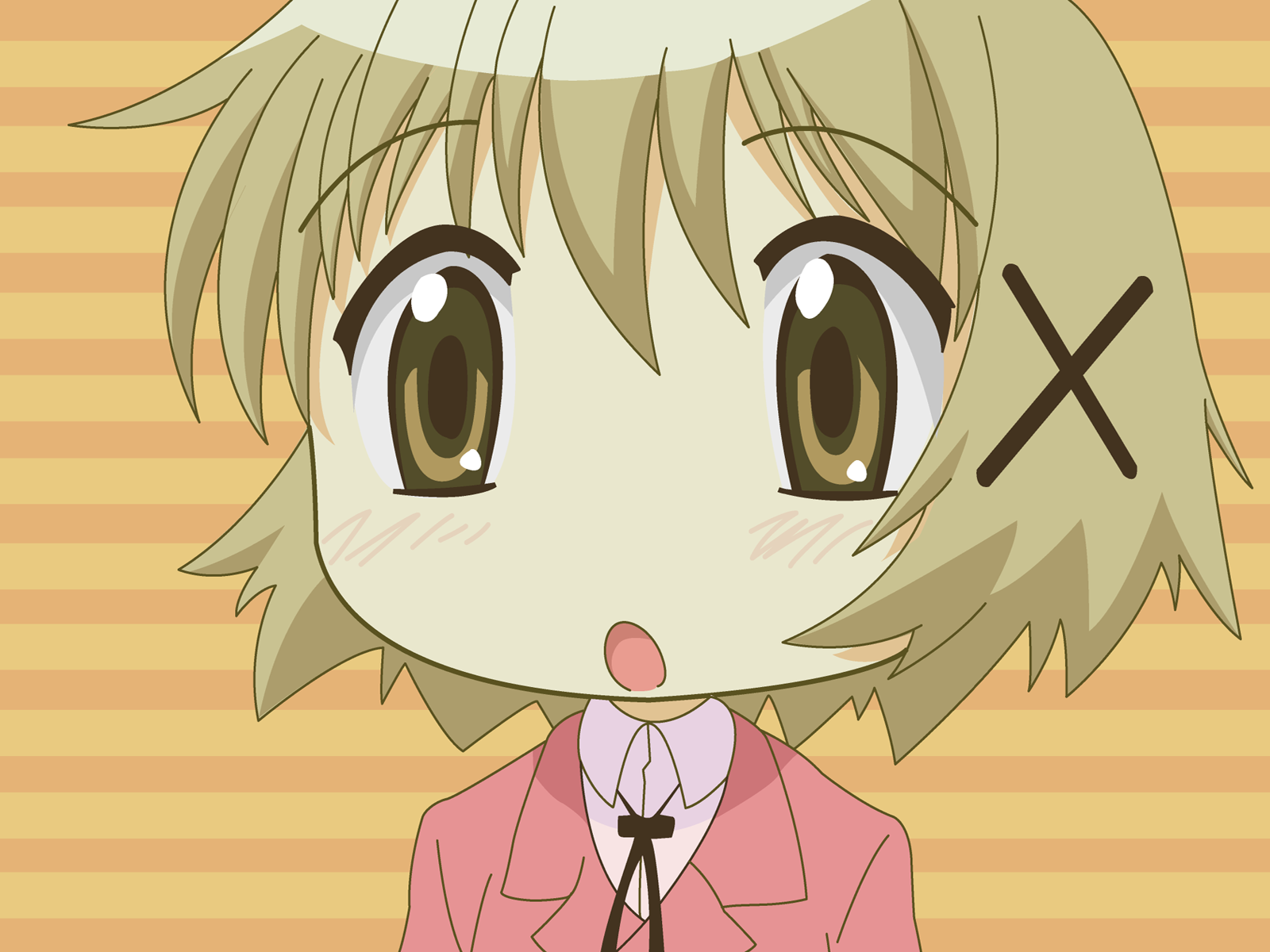 yuno (hidamari sketch), hidamari sketch, derivative work, highres, vector trace, 00s, blush, open mouth, school uniform, solo, surprised, yamabuki high school uniform