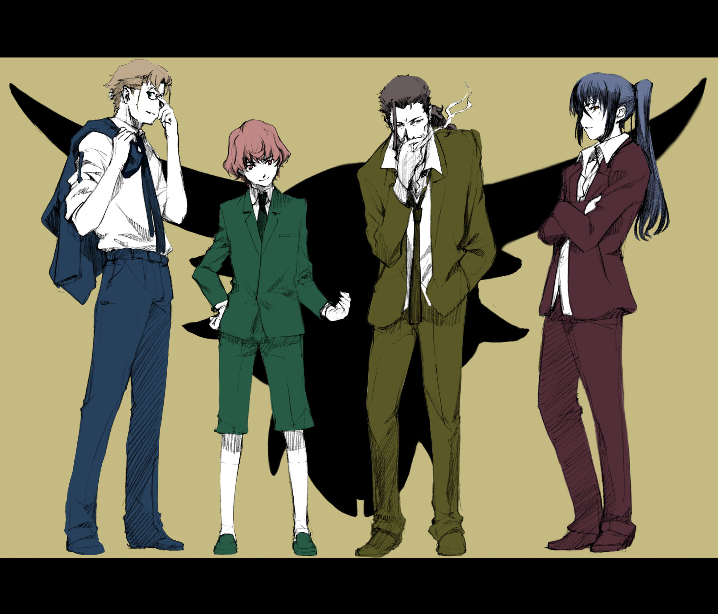 luca angeloni, mikhail buran, ozma lee, saotome alto, macross, macross frontier, highres, 00s, 4boys, cigarette, formal clothes, glasses, long hair, male focus, multiple boys, short hair, smoke, smoking, suit