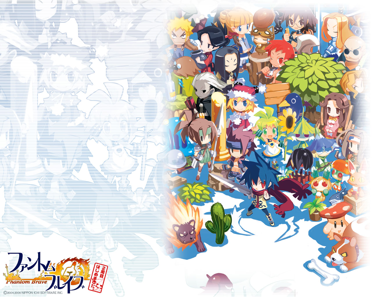 harada takehito, amazon (phantom brave), archer (disgaea), ash (phantom brave), blacksmith (phantom brave), castille, castille (phantom brave), dungeon monk (phantom brave), eringya (disgaea), eringya (marl kingdom), fighter (phantom brave), fusionist (phantom brave), healer (phantom brave), hell corgi (phantom brave), marona (phantom brave), merchant (phantom brave), prinny, putty, putty (phantom brave), raphael (phantom brave), saber kitty, saber kitty (disgaea), valkyrie (phantom brave), walnut (phantom brave), witch (phantom brave), marl kingdom, phantom brave, 00s, 2004, 2006, 6+boys, 6+girls, :d, :o, animal, animal ears, axe, bird, blue eyes, blunt bangs, blush, bone, bowl, bowl hat, buckle, cactus, carrying, closed eyes, closed mouth, collarbone, colored sclera, dog, everyone, flower, green eyes, green hair, hat, headband, hidden eyes, holding, holding sword, holding weapon, jitome, jug (bottle), lance, lion, long hair, looking at viewer, midriff, multiple boys, multiple girls, mushroom, navel, open mouth, overalls, parted bangs, penguin, plant, polearm, ponytail, potted plant, rabbit ears, red eyes, red hair, short hair, sitting, slit pupils, smile, solid oval eyes, spiked hair, stomach, sunflower, sunglasses, sword, tree, tree stump, vase, very long hair, weapon, yellow sclera