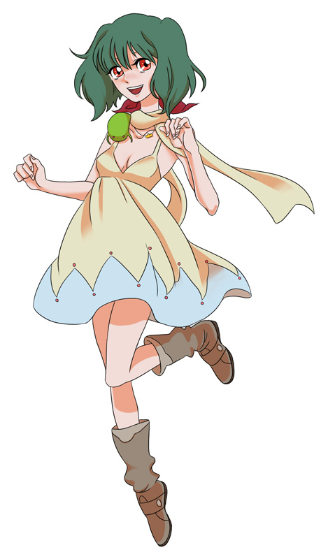 ranka lee, macross, macross frontier, bad id, bad pixiv id, 00s, blush, green hair, jumping, red eyes, scarf, short hair, smile, solo