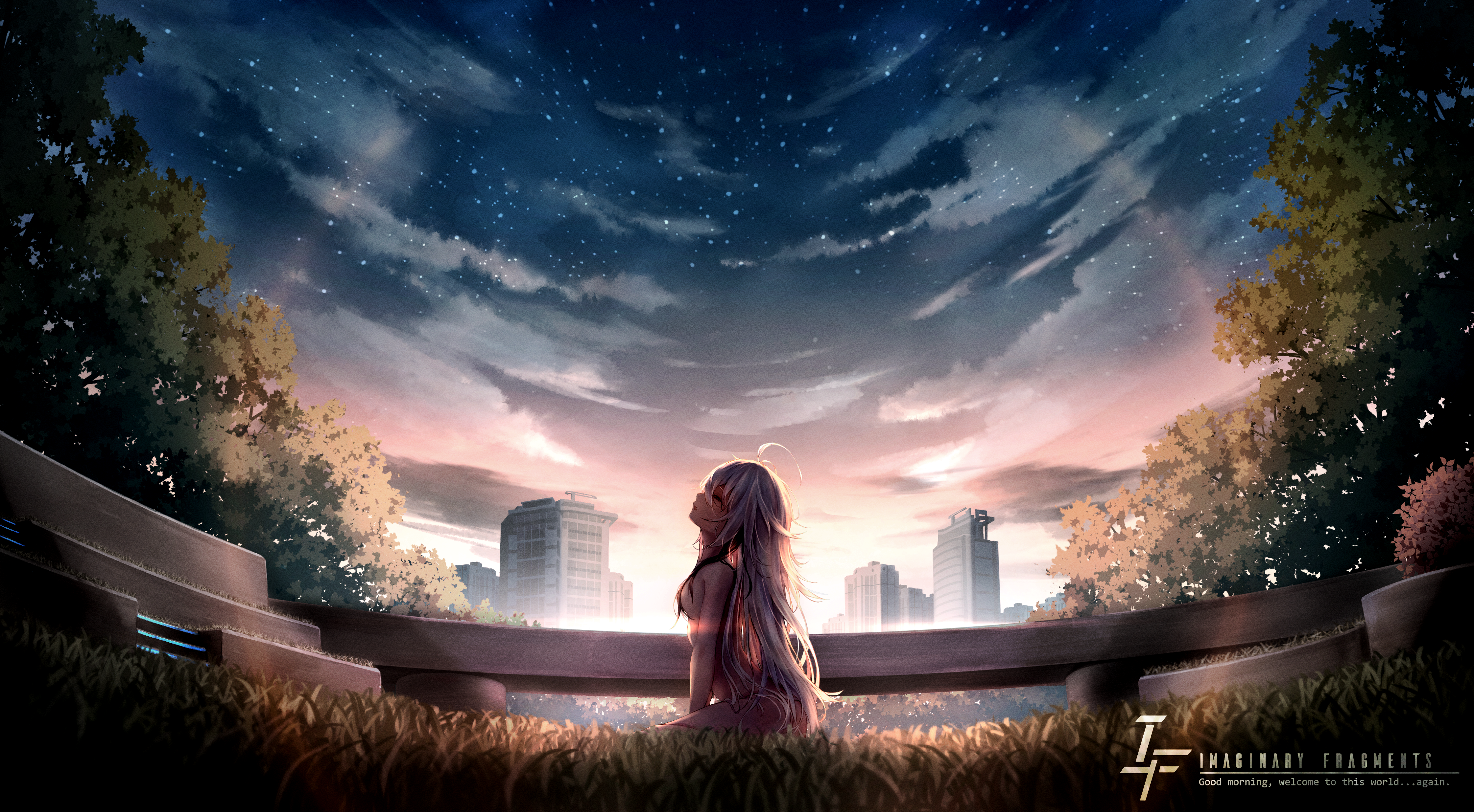 howardlei99, original, hair over ass, absurdres, highres, 1girl, ahoge, black hair, building, closed eyes, completely nude, from side, grey hair, hair over breasts, long hair, multicolored hair, nude, on grass, sky, solo, star (sky), starry sky, tree, very long hair