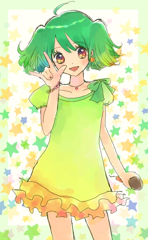 ranka lee, macross, macross frontier, 00s, m/, ahoge, blush, bracelet, earrings, green hair, jewelry, microphone, red eyes, seikan hikou, short hair, smile, solo, star-shaped pupils, star (symbol), symbol-shaped pupils