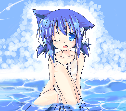 makino (ukiuo), aokaze, original, ukagaka, animal ears, blue eyes, blue hair, cat ears, oekaki, solo