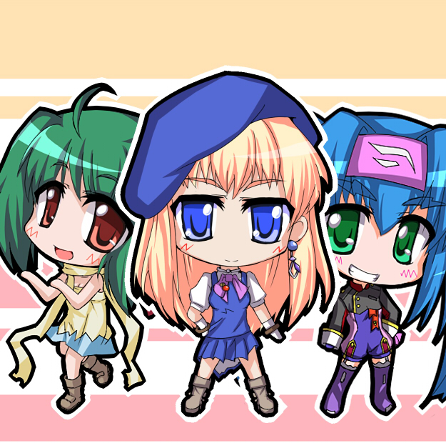 klan klein, ranka lee, sheryl nome, macross, macross frontier, 00s, blonde hair, blue eyes, blush, chibi, dancing, earrings, green eyes, green hair, jewelry, long hair, short hair, smile
