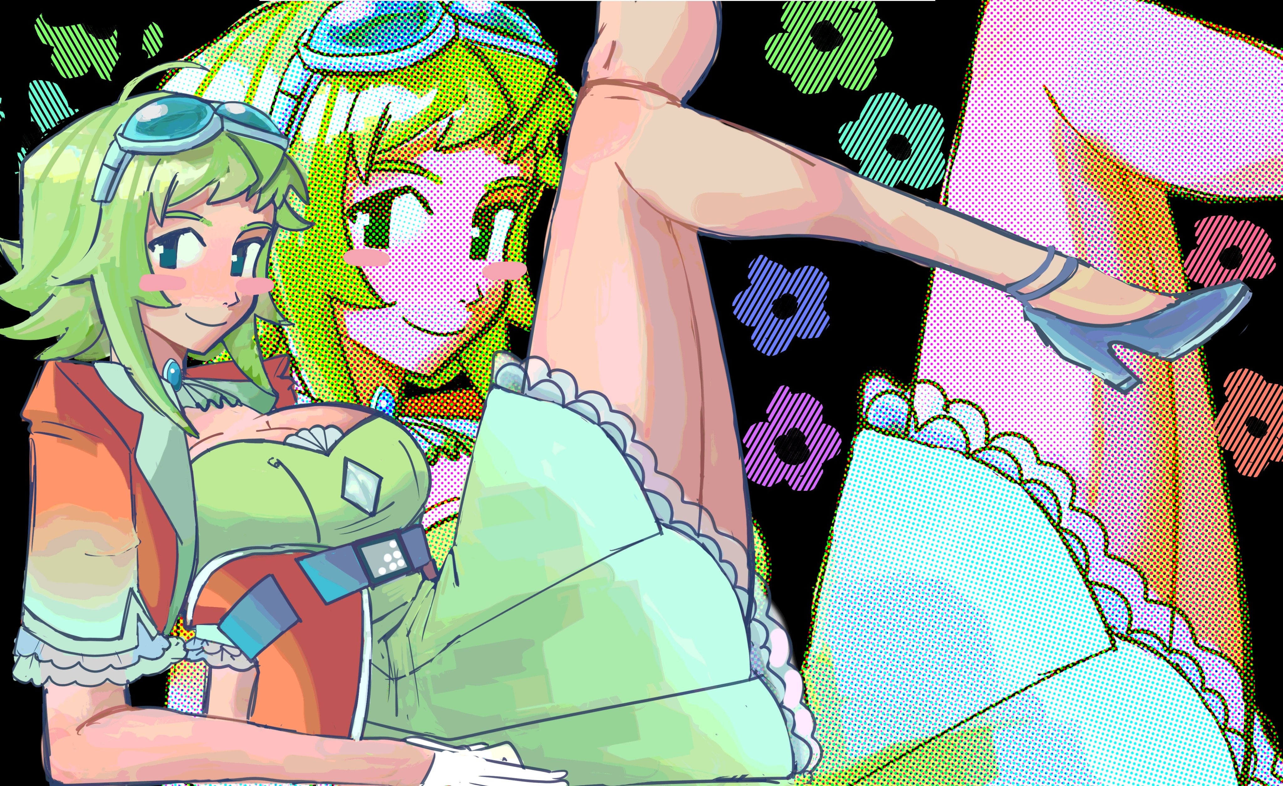 hatsuno, gumi, gumi (sv), synthesizer v, absurdres, highres, 1girl, aqua flower, black background, blue eyes, blue flower, blush stickers, breasts, cleavage, cleavage cutout, closed mouth, clothing cutout, flower, frilled skirt, frills, from side, goggles, goggles on head, green flower, green hair, green skirt, halftone, jacket, large breasts, open clothes, open jacket, orange flower, orange jacket, purple flower, red flower, short hair, sitting, skirt, smile, solo, zoom layer