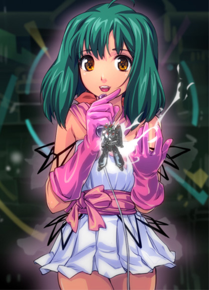 ranka lee, macross, macross frontier, 00s, green hair, mecha, music, robot, short hair, singing, solo
