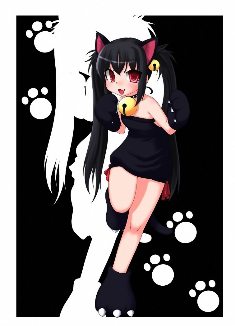 kooh (pangya), pangya, animal ears, animal hands, black hair, cat ears, long hair, red eyes, solo, twintails