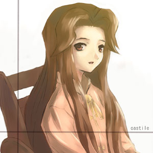 castille, castille (phantom brave), phantom brave, lowres, 1girl, :d, brown eyes, brown hair, chair, female focus, light smile, lips, long hair, looking at viewer, open mouth, parted lips, simple background, smile, solo, upper body, very long hair, white background