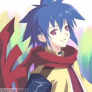 ash (phantom brave), phantom brave, lowres, 1boy, blue hair, male focus, purple eyes, scarf, smile, solo
