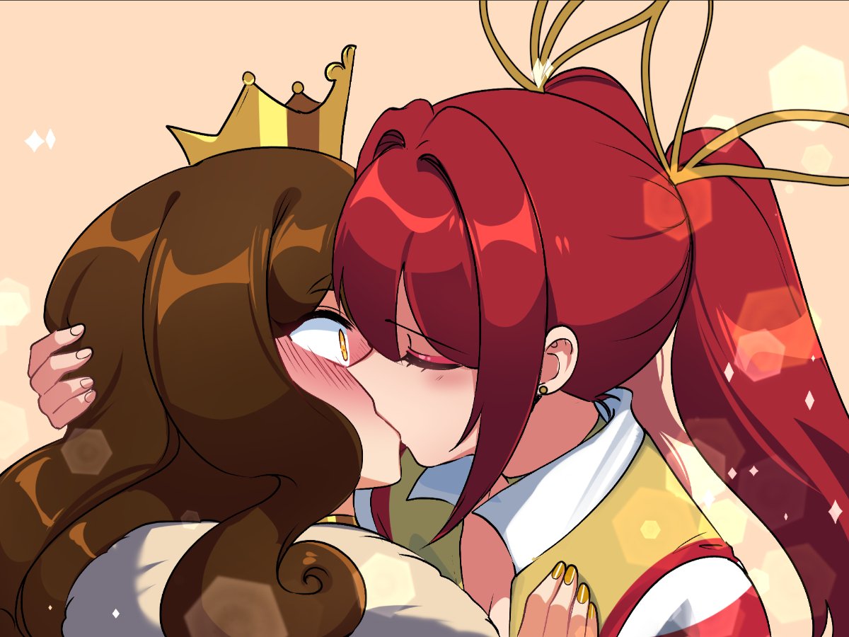 merryweather, ryuuxin, burger king, mcdonald's, wcdonald's, commentary, english commentary, 2girls, blush, brown hair, closed eyes, crown, earrings, eyeliner, from side, hand on another's head, jacket, jewelry, kiss, long hair, looking at another, makeup, mini crown, multiple girls, parted bangs, personification, portrait, red eyeliner, red hair, simple background, smile, stud earrings, surprised, twintails, wide-eyed, yellow background, yellow eyes, yellow jacket, yuri