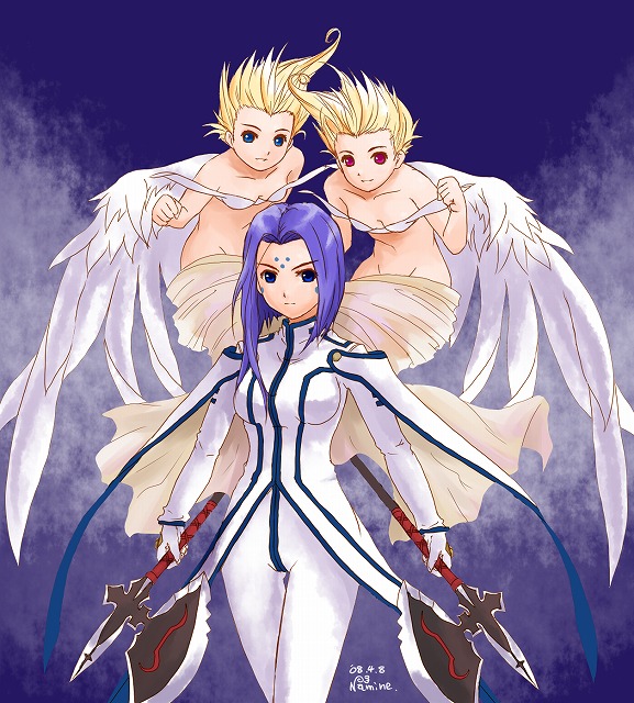 namine0079, cool mint, lind, spear mint, aa megami-sama, bad id, bad pixiv id, 3girls, angel, angel wings, asymmetrical hair, axe, blonde hair, blue eyes, facial mark, forehead mark, gloves, long hair, multiple girls, polearm, purple eyes, purple hair, red eyes, short hair, weapon, wings