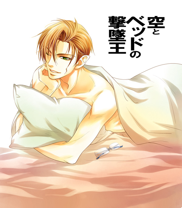 mikhail buran, macross, macross frontier, 00s, bed, blonde hair, glasses, green eyes, male focus, pillow, smile, solo