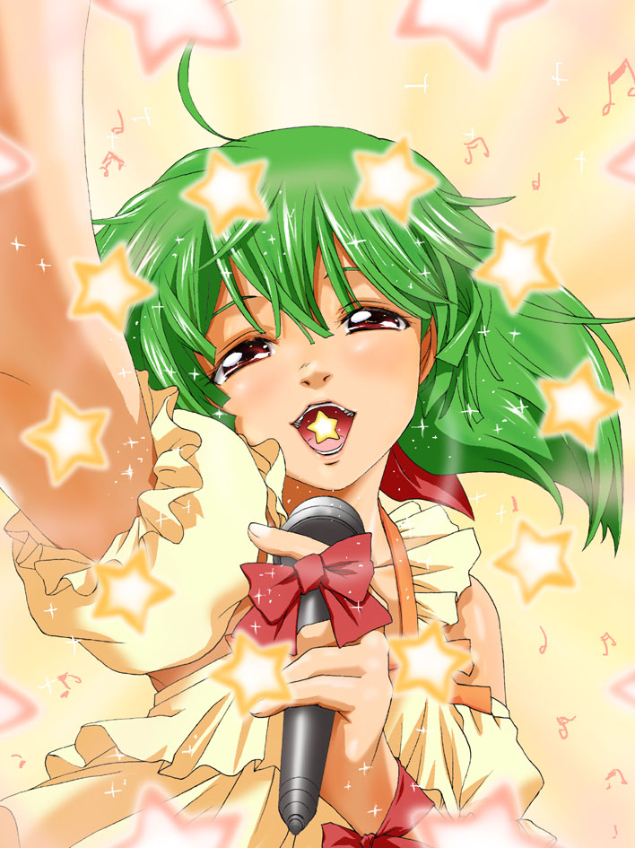 naruse, ranka lee, macross, macross frontier, 00s, 1girl, ahoge, beamed quavers, blush, bow, female focus, foreshortening, green hair, holding, microphone, musical note, notes, open mouth, quaver, red eyes, short hair, solo, star (symbol)
