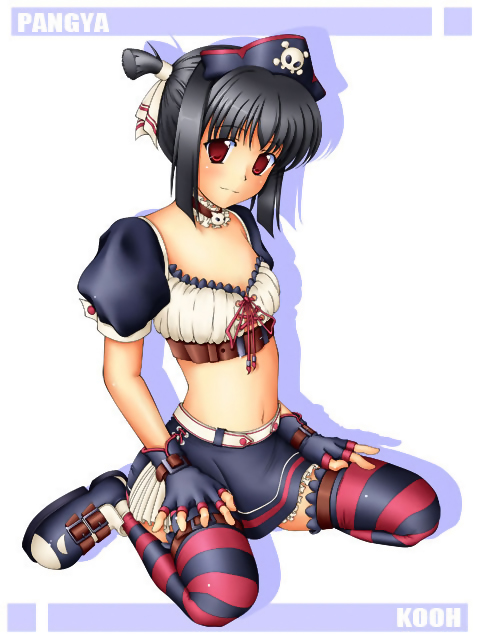 kooh (pangya), pangya, black hair, blush, gloves, hat, pirate, red eyes, ribbon, short hair, skirt, skull and crossbones, socks, solo, thighhighs, twintails