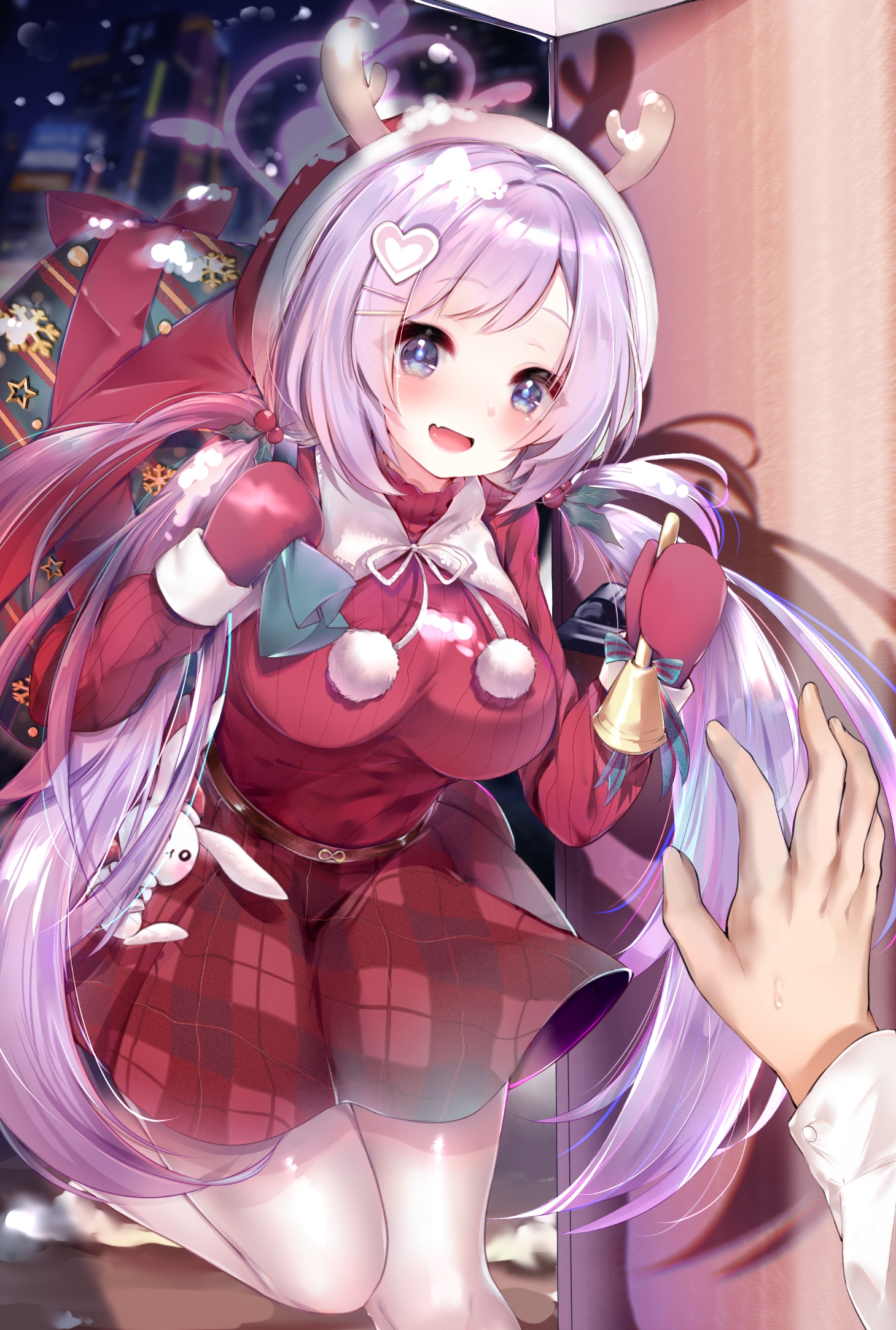 hanae (blue archive), hanae (christmas) (blue archive), sensei (blue archive), blue archive, chinese commentary, commentary request, highres, 1boy, 1girl, :d, antlers, bag, bell, blue eyes, blush, breasts, christmas, fake antlers, fang, foot out of frame, gift bag, hair bobbles, hair ornament, hairclip, halo, hands up, happy, hat, heart, heart hair ornament, heart halo, holding, holding bag, holding bell, holly hair ornament, horns, indoors, large breasts, long hair, looking at viewer, low twintails, mittens, night, official alternate costume, official alternate hairstyle, open mouth, parallel hairclips, pink halo, plaid clothes, plaid skirt, pom pom (clothes), pov, pov hands, purple hair, red hat, red mittens, red skirt, red sweater, reindeer antlers, ribbed sweater, santa costume, shadow, sidelocks, skin fang, skirt, smile, snowing, solo focus, standing, standing on one leg, sweater, twintails, user fffx2448, very long hair