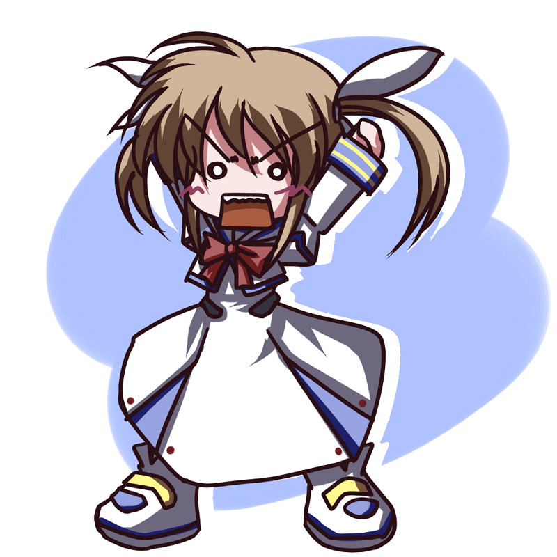 fictional sister, takamachi nanoha, lyrical nanoha, mahou shoujo lyrical nanoha, 00s, 1girl, angry, bow, bowtie, chibi, dress, female focus, full body, long sleeves, magical girl, o o, red bow, red bowtie, simple background, solo, standing, twintails, white background, white dress