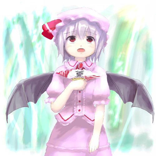 chiwa, tsubasa (abchipika), remilia scarlet, touhou, silver hair, lowres, 1girl, bat wings, buttons, cowboy shot, dress, female focus, hand on own chest, hat, holding, mob cap, pink dress, puffy short sleeves, puffy sleeves, red eyes, short hair, short sleeves, solo, wings