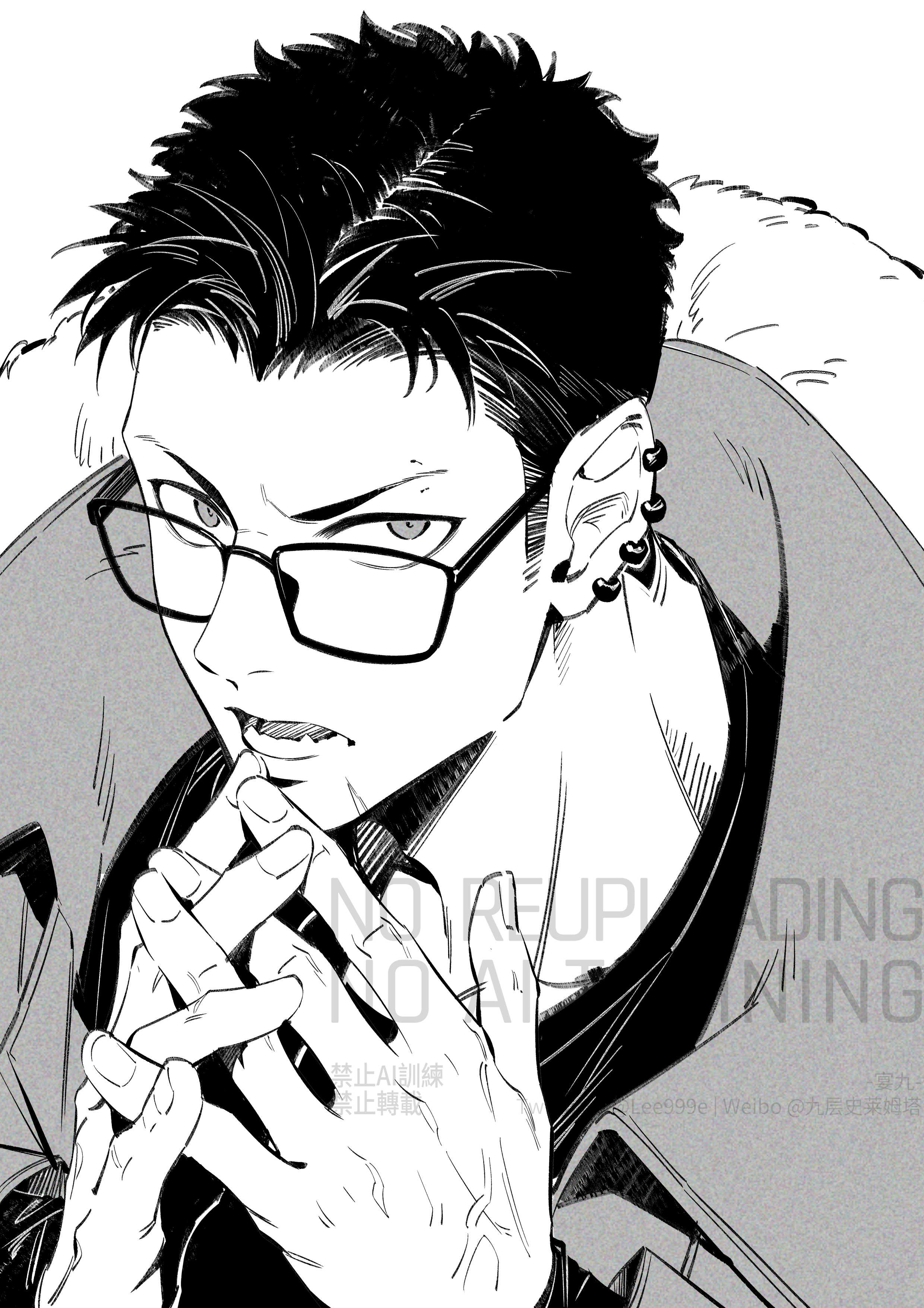 lee999nine, zuma unji, dandadan, absurdres, hashtag-only commentary, highres, 1boy, black shirt, coat, ear piercing, earrings, fur-trimmed coat, fur trim, glasses, greyscale, interlocked fingers, jewelry, looking at viewer, male focus, monochrome, open mouth, own hands together, piercing, scar, scar on chin, scar on face, shirt, short hair, solo, upper body