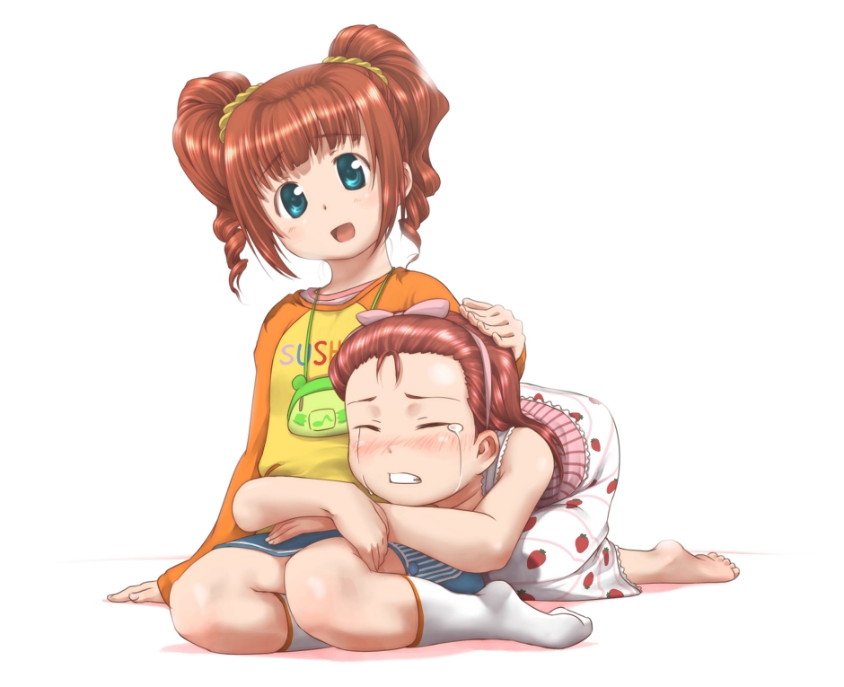 ttomm, minase iori, takatsuki yayoi, idolmaster, idolmaster (classic), idolmaster 1, 00s, 2girls, barefoot, blue eyes, closed eyes, hairband, long hair, multiple girls, raglan sleeves, red hair, short hair, simple background, socks, tears, twintails