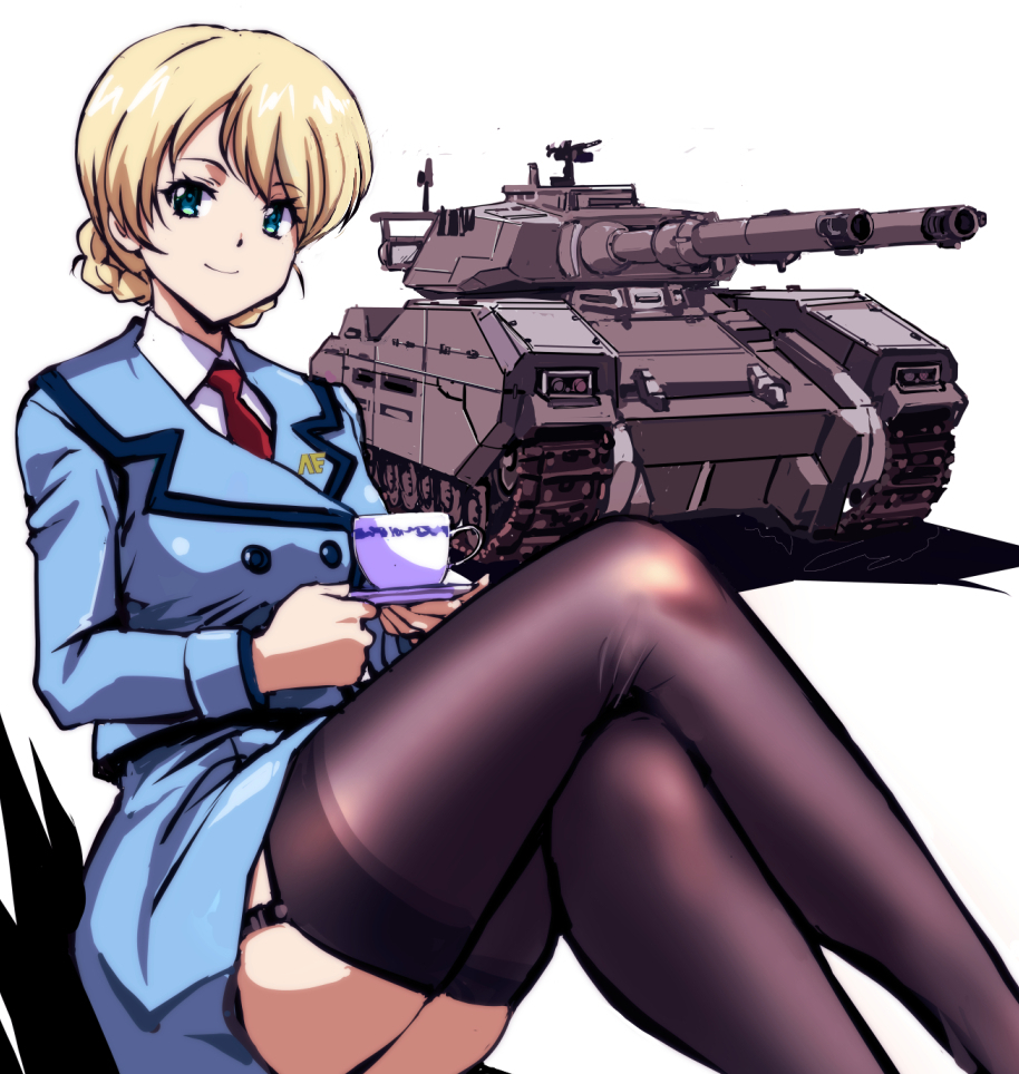 kamisimo 90, darjeeling (girls und panzer), type 61 (gundam), girls und panzer, gundam, gundam 0083, commentary request, 1girl, anaheim electronics, black thighhighs, blonde hair, blue eyes, blue jacket, blue skirt, braid, closed mouth, collared shirt, crossed legs, cup, dress shirt, feet out of frame, garter straps, holding, holding saucer, jacket, legs, long sleeves, looking at viewer, military vehicle, motor vehicle, necktie, red necktie, saucer, shirt, short hair, simple background, sitting, skirt, smile, solo, tank, teacup, thighhighs, white background, white shirt