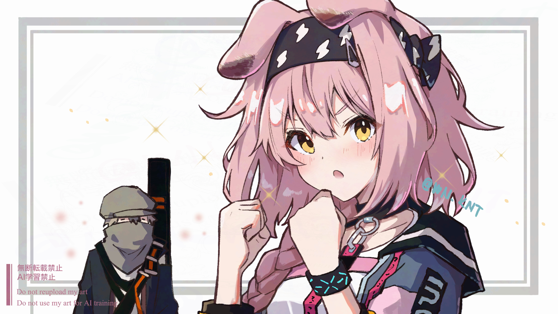 wn (wani-noko), goldenglow (arknights), infection monitor (arknights), arknights, commentary request, highres, 1boy, 1girl, :o, animal ears, black collar, black hairband, black jacket, blue jacket, blush, bracelet, braid, cat ears, clenched hands, collar, floppy ears, grey hair, hair between eyes, hair ornament, hairband, hairclip, hands up, jacket, jewelry, lightning bolt print, long hair, looking at viewer, mask, mouth mask, outside border, portrait, red (npc) (arknights), shirt, sidelocks, simple background, single braid, solo focus, sparkle, twitter username, watermark, white background, white shirt, yellow eyes