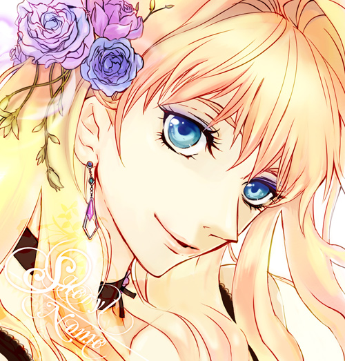 mooche, sheryl nome, macross, macross frontier, 00s, blonde hair, blue eyes, earrings, flower, jewelry, long hair, smile, solo