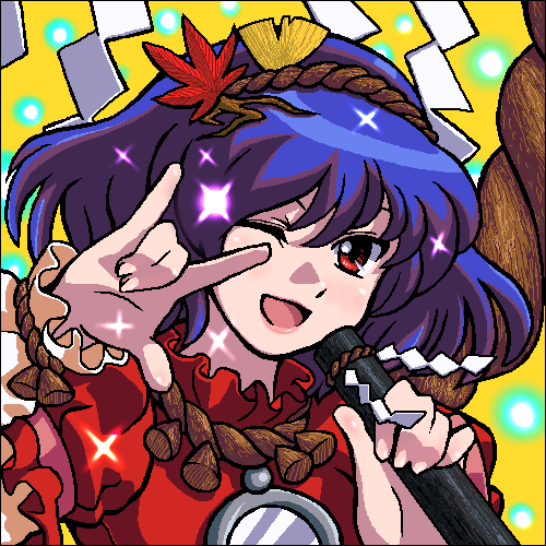 johnnie, yasaka kanako, macross, macross frontier, touhou, lowres, 1girl, m/, female focus, hair ornament, jaggy lines, leaf hair ornament, oekaki, parody, seikan hikou, solo
