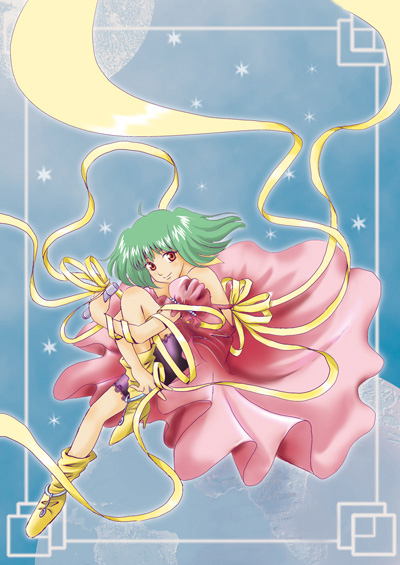ranka lee, macross, macross frontier, 00s, beads, bracelet, earth (planet), green hair, jewelry, microphone, moon, planet, red eyes, ribbon, short hair, solo, star (symbol), tape