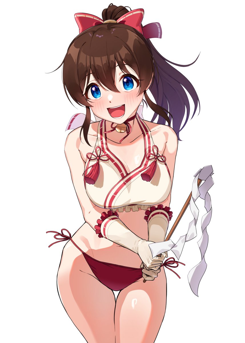 kamille (vcx68), satake minako, idolmaster, idolmaster million live!, commentary, highres, 1girl, bare legs, bell, bikini, bikini bottom only, blue eyes, blush, breasts, brown hair, concept maihime (idolmaster), cowboy shot, gloves, gohei, groin, holding, holding gohei, long hair, medium breasts, neck bell, no pants, ponytail, red bikini, side-tie bikini bottom, simple background, smile, solo, swimsuit, thigh gap, thighs, white background, white gloves