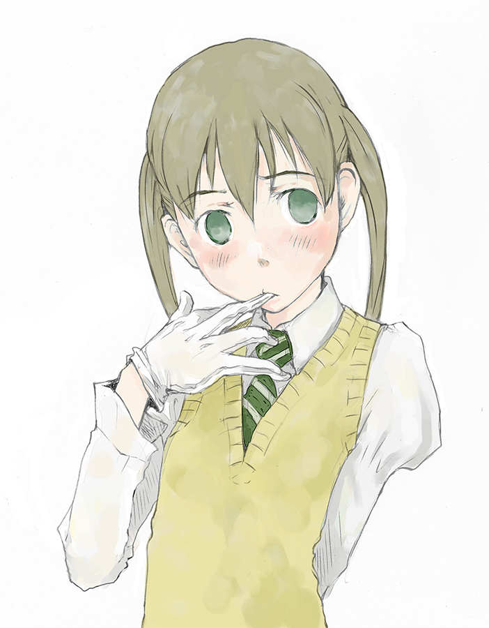tamaoki benkyou, maka albarn, soul eater, bad id, bad pixiv id, 00s, 1girl, arm behind back, biting, biting glove, blonde hair, blush, collared shirt, empty eyes, female focus, furrowed brow, gloves, green eyes, green necktie, head tilt, looking to the side, necktie, shirt, simple background, solo, sweater vest, twintails, upper body, vest, white background, white gloves, white shirt, yellow sweater vest