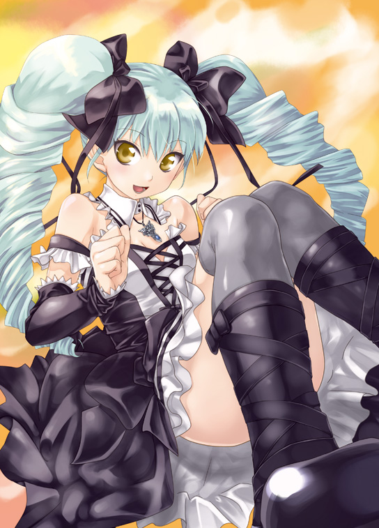 hikabe sakuho, venefsukja natsuki, lux-pain, 1girl, aqua hair, bare shoulders, boots, bow, brown eyes, detached sleeves, dress, drill hair, elbow gloves, female focus, frills, gloves, gothic lolita, hair bow, hair ribbon, jewelry, lolita fashion, long hair, pendant, ribbon, solo, thighhighs, twin drills, twintails