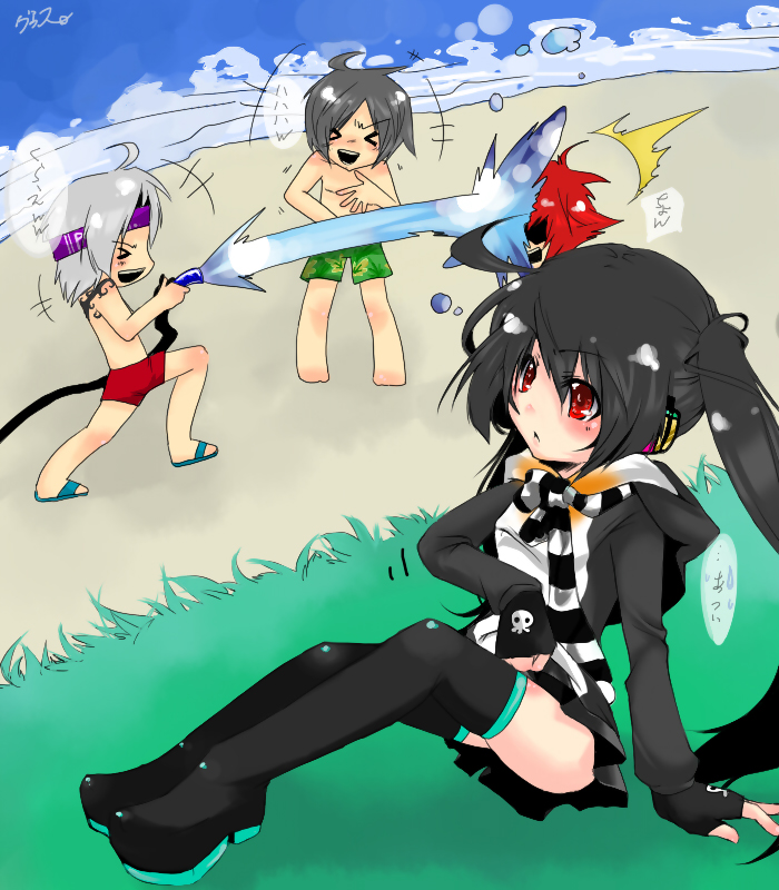 lee byung hee, kaz (pangya), kooh (pangya), max, max (pangya), nuri (pangya), pangya, 3boys, bad anatomy, black hair, chibi, child, closed eyes, green male swimwear, green swim trunks, leaf print, male focus, male swimwear, multiple boys, ocean, poorly drawn, print male swimwear, print swim trunks, print swimsuit, red eyes, red male swimwear, red swim trunks, summer, swim trunks, swimsuit, thighhighs, twintails, white hair