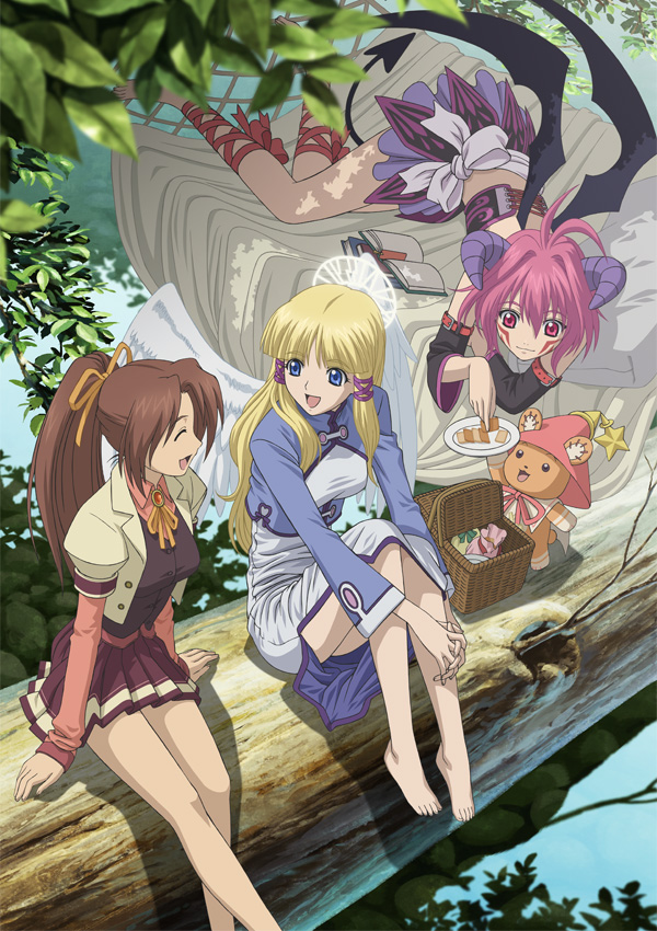 emil chronicle online, tagme, barefoot, blonde hair, book, brown hair, detached sleeves, food, horns, log, picnic, pink hair, pond, ponytail, wings