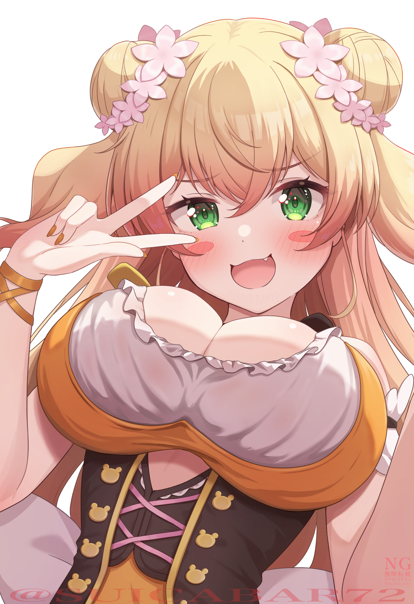 suicabar72, momosuzu nene, momosuzu nene (1st costume), hololive, highres, 1girl, :3, :d, artist name, blonde hair, blush, blush stickers, bow, bowtie, breasts, brown bow, brown bowtie, cleavage, clothing cutout, corset, cutout above navel, detached sleeves, dot nose, double bun, dress, fang, flower, frilled shirt, frills, gradient hair, green eyes, hair between eyes, hair bun, hair flower, hair ornament, hands up, large breasts, long hair, looking at viewer, multicolored bow, multicolored bowtie, multicolored hair, nail polish, open mouth, orange dress, orange hair, orange nails, orange shirt, shirt, simple background, sleeveless, sleeveless shirt, smile, solo, two side up, underbust, upper body, v, v over eye, virtual youtuber, w, wavy hair, white background, white shirt, yellow bow, yellow bowtie