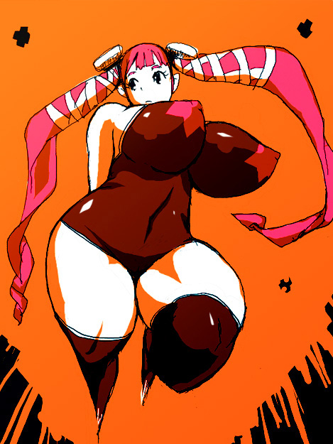 yunioshi, 1girl, arms behind back, breasts, covered erect nipples, curvy, female focus, huge breasts, impossible clothes, long hair, orange background, pink hair, sleeveless, solo, thick thighs, thighhighs, thighs, twintails