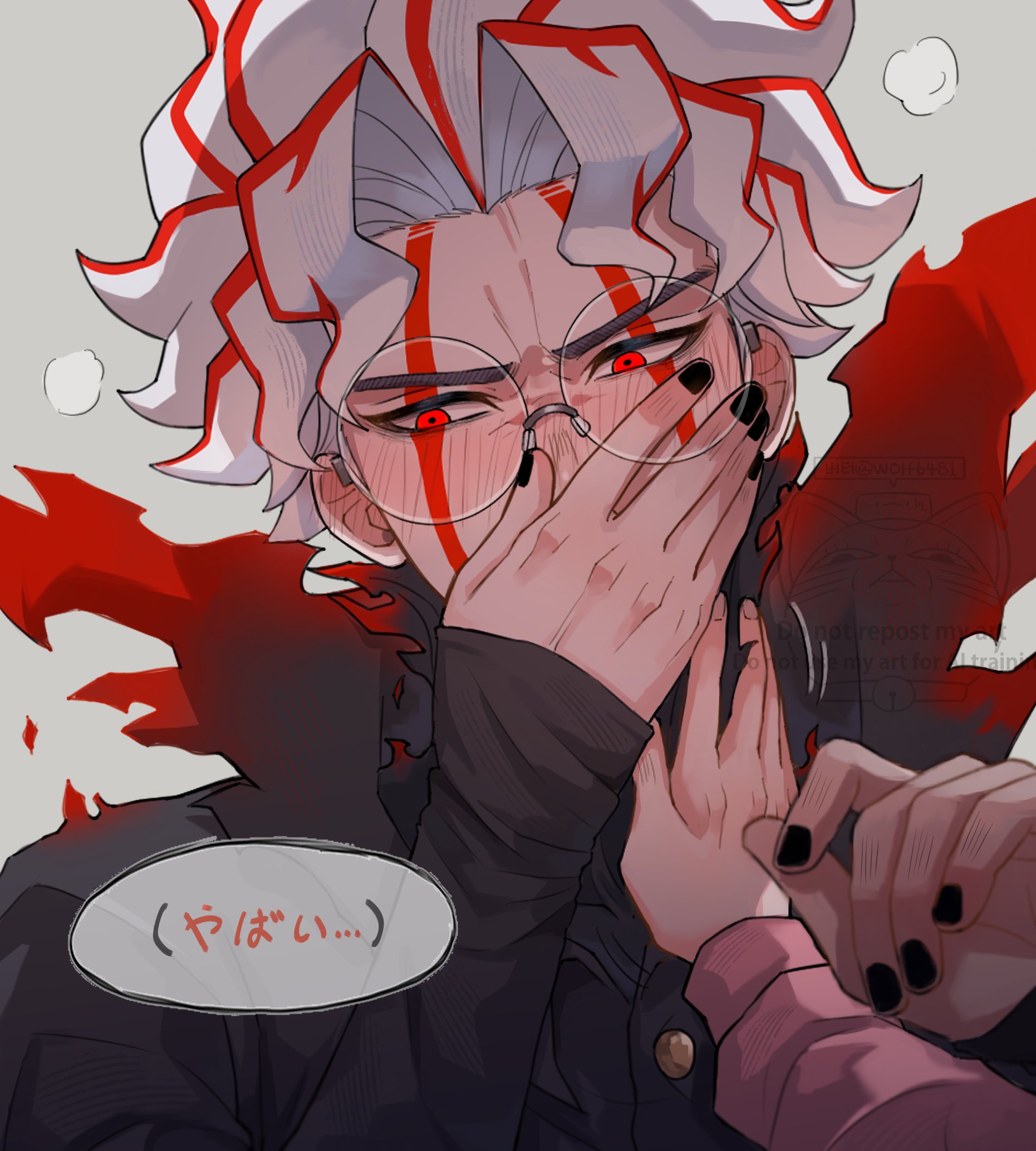 wolf6481, ayase momo, takakura ken (dandadan), takakura ken (transformed) (dandadan), dandadan, hashtag-only commentary, highres, translation request, 1boy, 1girl, averting eyes, black jacket, black nails, blush, covering own mouth, facial mark, flustered, gakuran, glasses, glowing, glowing eyes, grey background, head steam, jacket, kami high school uniform, long sleeves, pink sweater, pov, pov hands, red eyes, red hair, round eyewear, school uniform, short hair, sweater, transformation, upper body, white hair