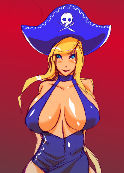 yunioshi, b. jenet, b.jenet, fatal fury, garou: mark of the wolves, snk, the king of fighters, 1girl, blonde hair, blue eyes, blush, breasts, cleavage, dress, female focus, hat, huge breasts, long hair, looking at viewer, pirate, pirate hat, sideboob, skull and crossbones, smile, solo