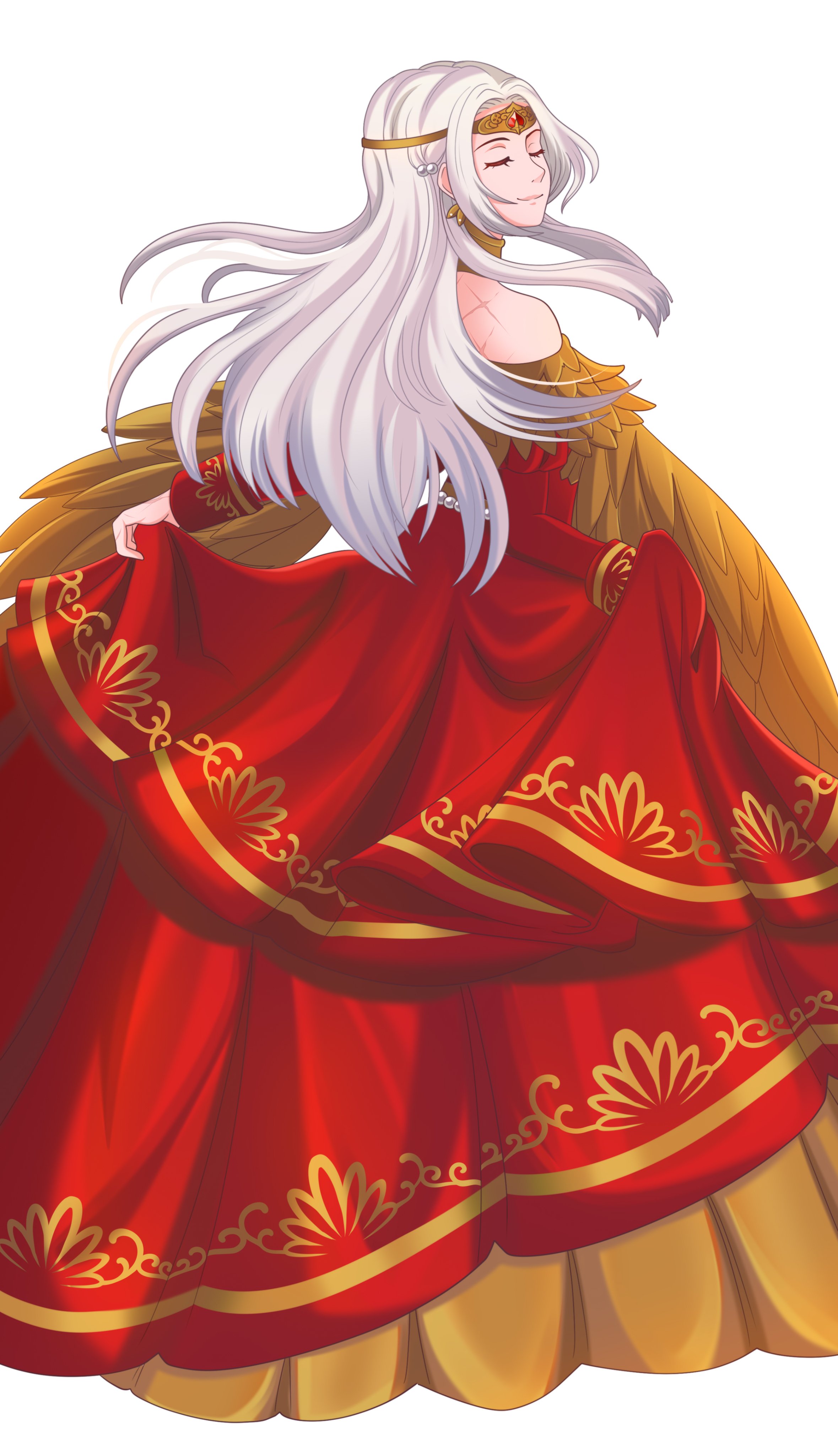deebyfeeby, edelgard von hresvelg, edelgard von hresvelg (adorned eagle), fire emblem, fire emblem: three houses, fire emblem heroes, nintendo, absurdres, highres, 1girl, back, bare shoulders, circlet, closed eyes, closed mouth, dress, earrings, gold cape, gold choker, jewelry, long hair, long sleeves, official alternate costume, red dress, red sleeves, scar, scar on back, shawl, simple background, smile, solo, white background, white hair, wings, yellow shawl, yellow wings