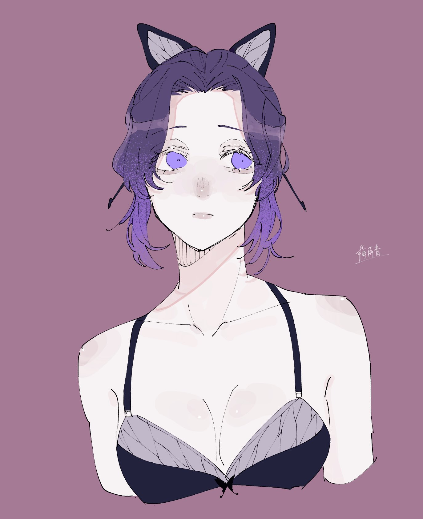 tsu yu ne, kochou shinobu, kimetsu no yaiba, commentary, highres, symbol-only commentary, 1girl, bra, butterfly hair ornament, closed mouth, cropped arms, eyelashes, hair bun, hair ornament, looking to the side, purple background, purple eyes, sidelocks, solo, underwear, upper body