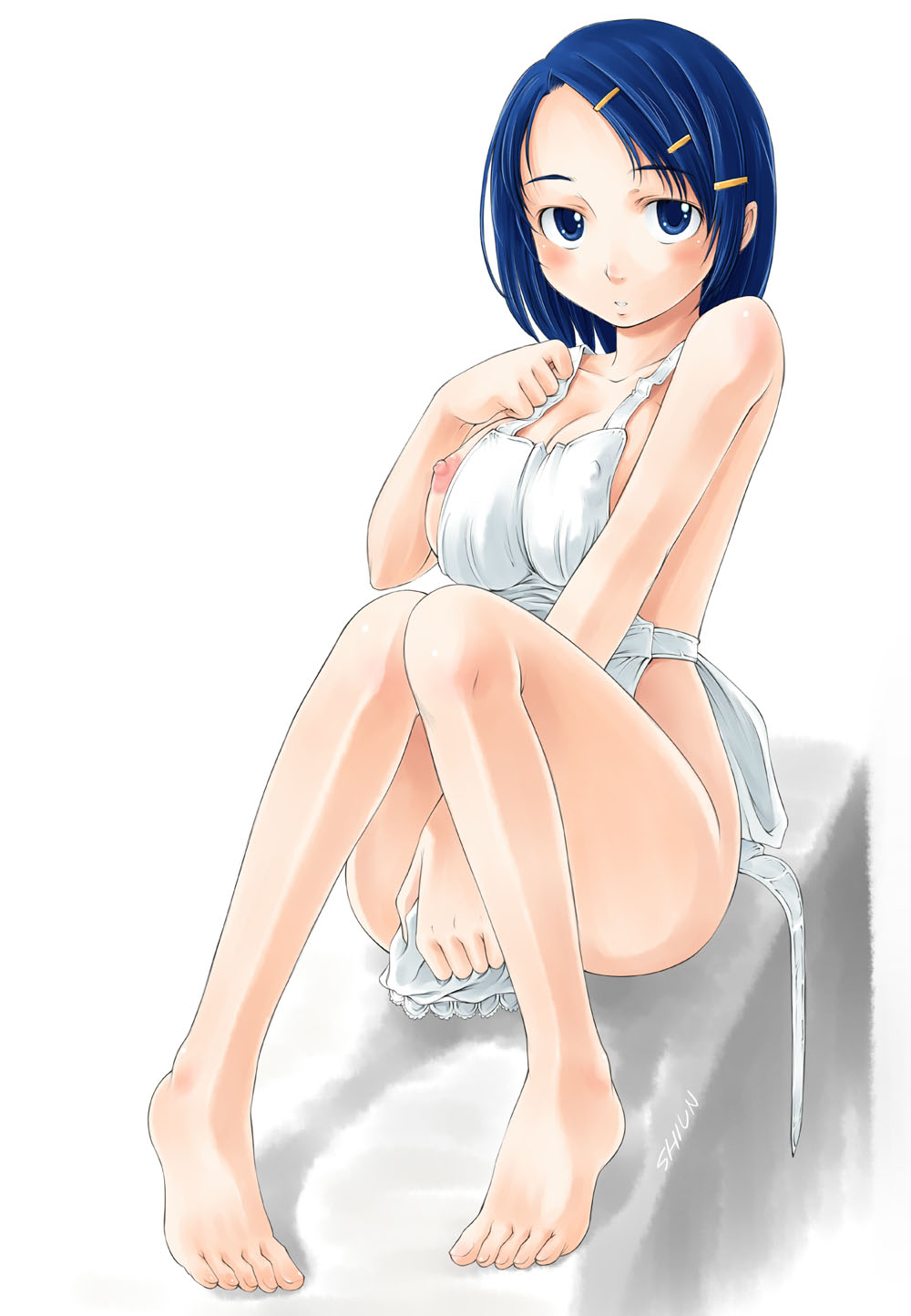 kuboshun, highres, 1girl, apron, barefoot, blue hair, breasts, feet, female focus, large breasts, maid, maid apron, naked apron, nipples, seven flavor spice, solo