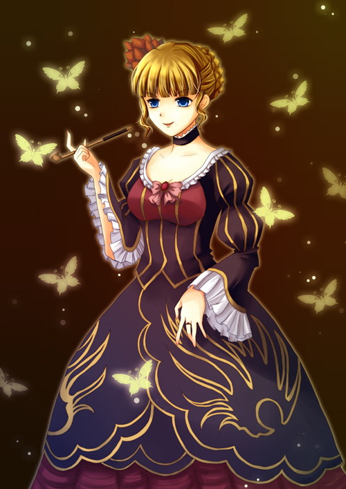 vienri, beatrice (umineko), umineko no naku koro ni, 00s, 1girl, blonde hair, blue eyes, bow, bug, butterfly, dress, female focus, insect, kiseru, pink bow, smoking pipe, solo