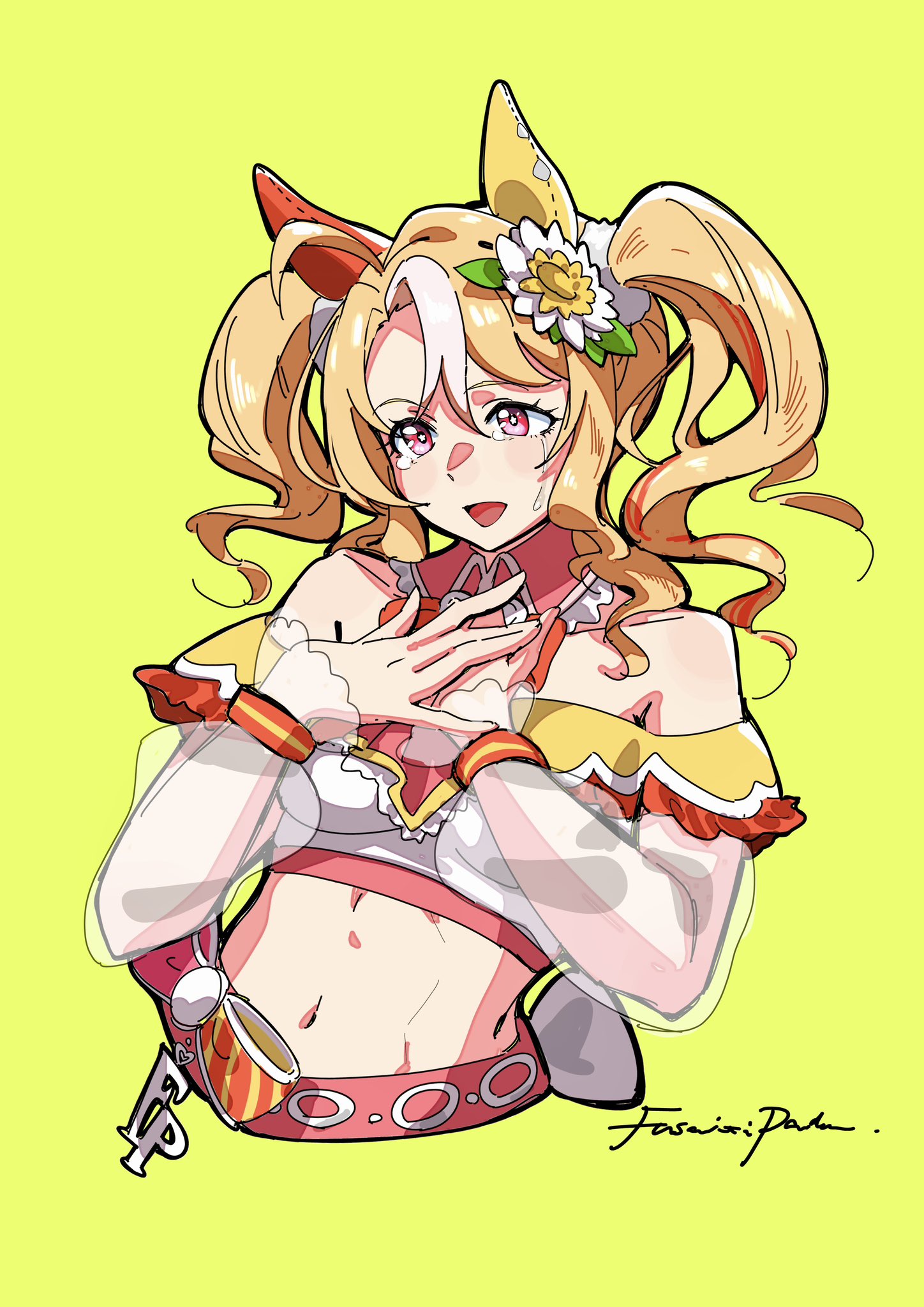 ohayonabeno, fusaichi pandora (umamusume), umamusume, highres, 1girl, ahoge, animal ears, ascot, bandeau, bare shoulders, blonde hair, blush, breasts, crying, detached collar, ear covers, ear flower, flower, fusaichi pandora (assorted cuteness) (umamusume), hair between eyes, hair flower, hair ornament, hands on own chest, horse ears, horse girl, long hair, long sleeves, looking at viewer, midriff, mismatched ear covers, navel, open mouth, pink ascot, red eyes, see-through clothes, see-through sleeves, simple background, smile, solo, tears, twintails, upper body, white bandeau, white hair