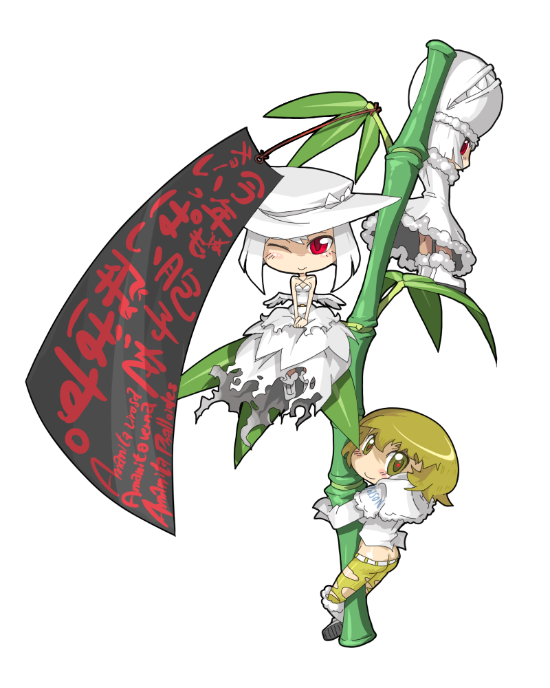 oso (toolate), amanita phalloides, amanita verna, amanita virosa, original, oso-teki kinoko gijinka zukan, 3girls, albino, ass, bamboo, bare shoulders, belt, blush, boots, chibi, coat, dress, green eyes, green hair, hat, multiple girls, mushroom, personification, red eyes, short hair, sleeveless, smile, teeth, torn clothes, white hair, wings