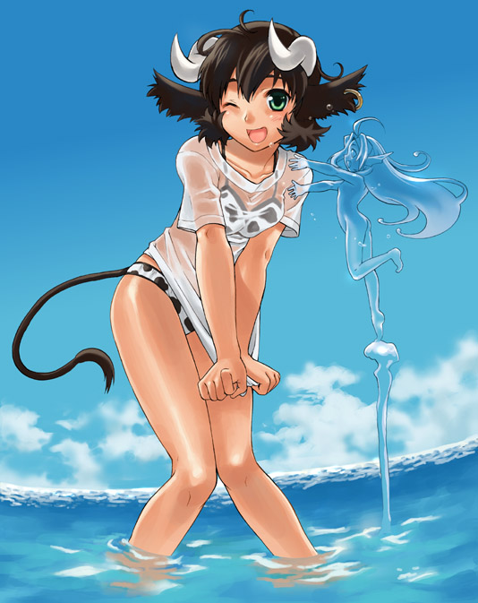 mattaku mousuke, original, bad id, bad pixiv id, 1girl, animal ears, animal print, bikini, cow ears, cow girl, cow print, cow tail, day, female focus, green eyes, horns, see-through clothes, single horn, solo, swimsuit, tail, water, wet