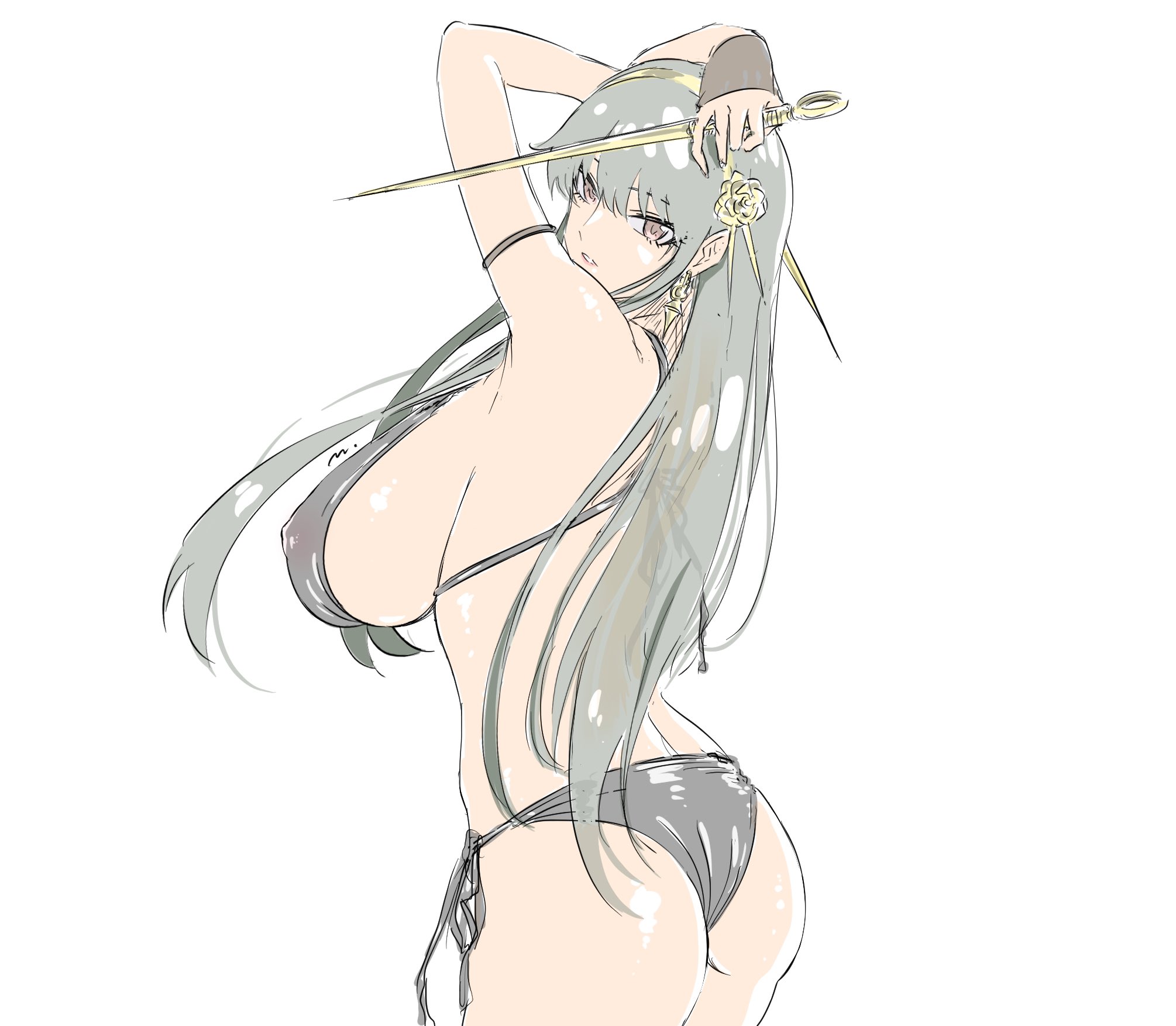 mitsugu, yor briar, spy x family, commentary request, highres, 1girl, alternate costume, arm behind head, arm strap, arms up, ass, bare shoulders, bikini, black bikini, black hair, blunt bangs, breasts, cowboy shot, dagger, earrings, fingerless gloves, from behind, from side, gloves, gold earrings, gold hairband, hairband, holding, holding weapon, huge breasts, jewelry, knife, long hair, looking at viewer, looking to the side, parted lips, red eyes, side-tie bikini bottom, sideboob, sidelocks, solo, stiletto (weapon), swimsuit, weapon, white background
