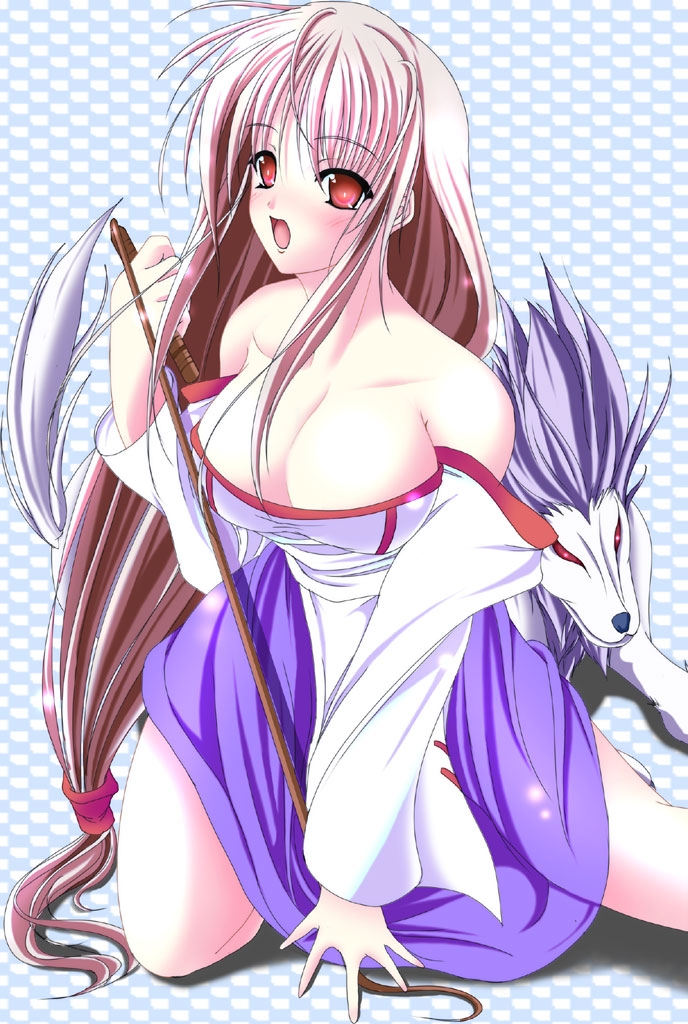 lieza (arc the lad), paundit, arc the lad, arc the lad ii, 1girl, bare shoulders, breasts, cleavage, kneeling, large breasts, long hair, open mouth, pink hair, red eyes, very long hair, whip