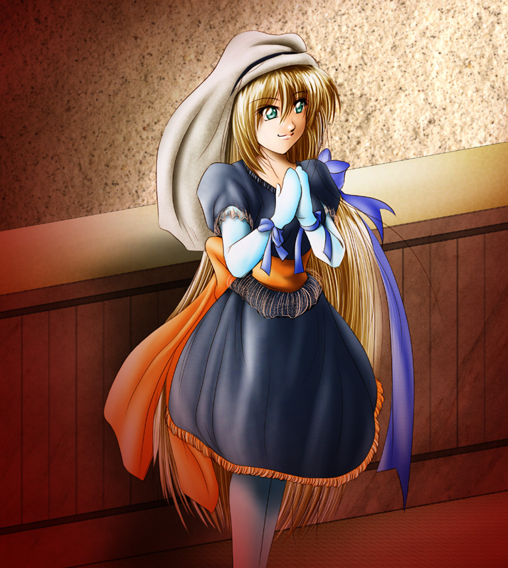 lieza (arc the lad), arc the lad, arc the lad ii, 1girl, black dress, black pantyhose, blonde hair, blue gloves, dress, elbow gloves, female focus, gloves, green eyes, indoors, long hair, looking to the side, pantyhose, sash, smile, solo, standing, veil, very long hair