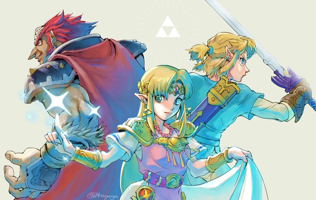 tsuyuga, ganondorf, link, princess zelda, nintendo, the legend of zelda, the legend of zelda: a link between worlds, 1girl, 2boys, aqua tunic, armor, bead necklace, beads, blonde hair, blue eyes, bracer, cape, circlet, dress, earrings, green eyes, hair tie, holding, holding sword, holding weapon, jewelry, master sword, multiple boys, necklace, parted bangs, parted lips, pink dress, ponytail, red cape, red hair, sheath, short ponytail, shoulder armor, sidelocks, smile, sparkle, sword, tassel, triforce, tunic, twitter username, upper body, weapon