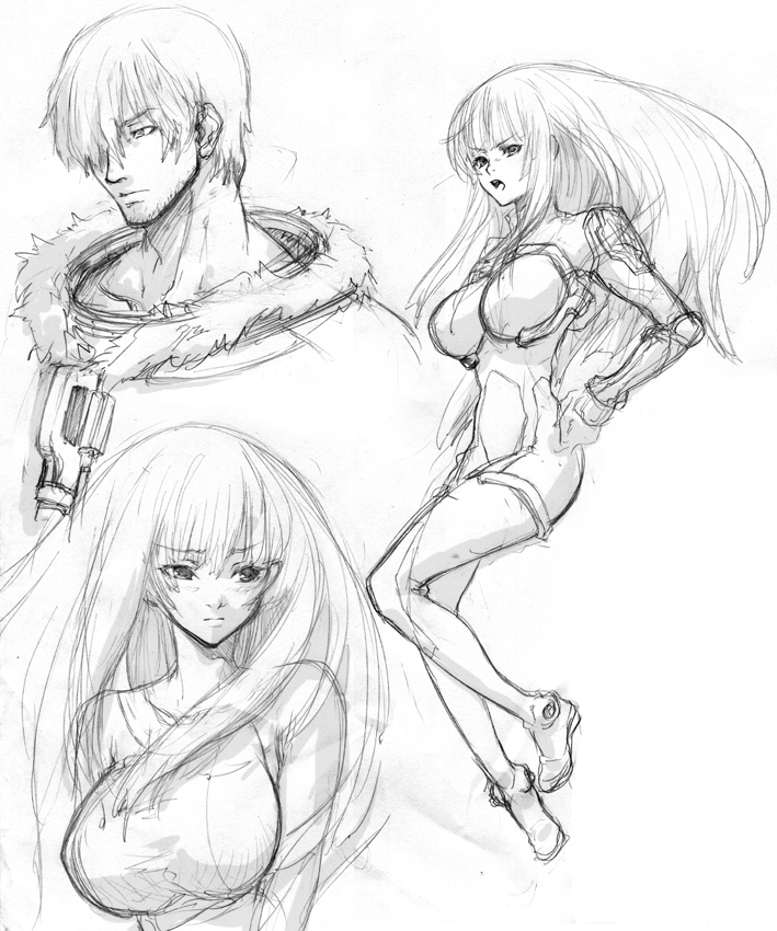 tachibana chata, dingo egret, ken marinaris, zone of the enders, zone of the enders 2, 00s, 1boy, 1girl, blush, bodysuit, breasts, casual, greyscale, large breasts, long hair, monochrome, natsu nichime, sketch