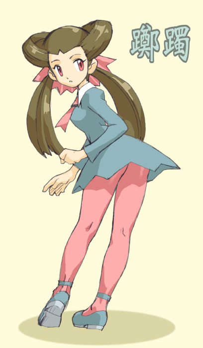 powudon, roxanne (pokemon), nintendo, pokemon, pokemon rse, 00s, 1girl, brown hair, dress, female focus, full body, gym leader, hair slicked back, legs, long hair, looking back, pantyhose, pink eyes, pink pantyhose, short dress, simple background, solo, twintails